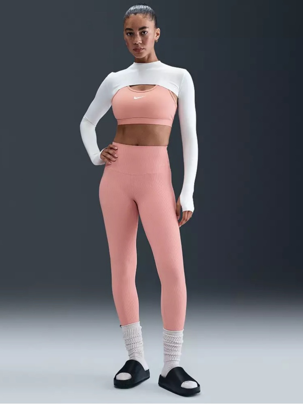 NEW⭐️ Nike Women's Zenvy Rib Gentle-Support High-Waisted 7/8 Leggings pink rust